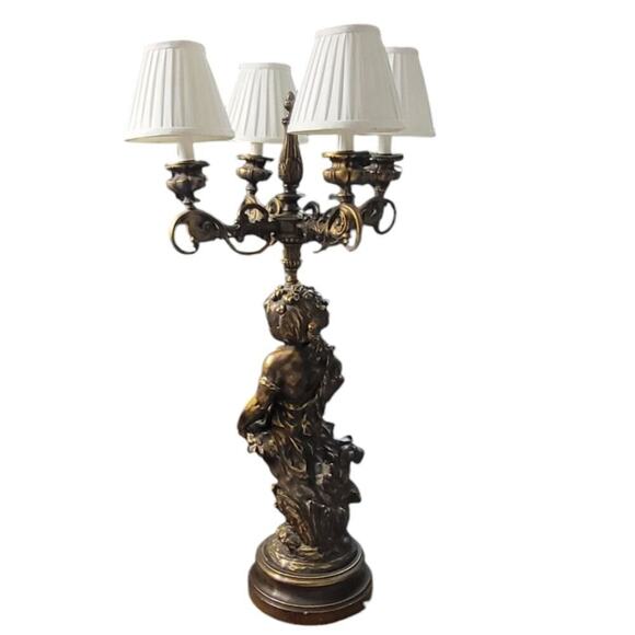 Vintage Metal Cherub Angel Bronze Candelabra Table Lamp White Shades - Picture 6 of 10